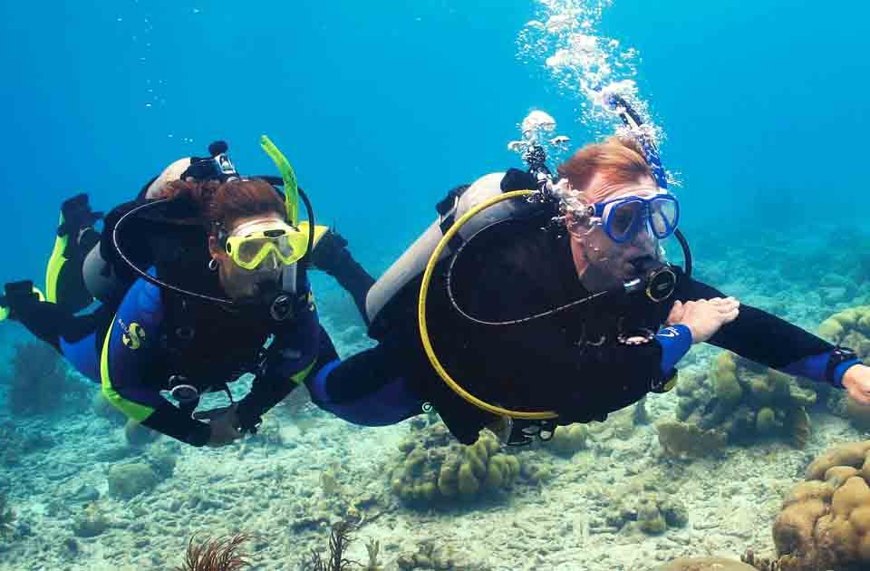 two scuba divers navigating underwater
