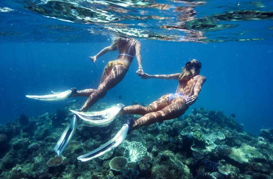 Two bikini-wearing snorkellers holding hands whilst snorkelling